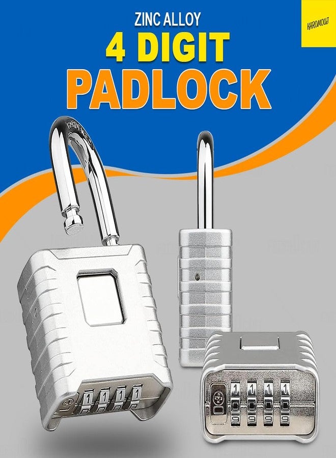 Karomouj Heavy Duty 4 Digit Number Lock Weatherproof Combination Security Padlock for Sheds, Gates, Tool Boxes and Lockers & Outdoor Use | Durable & Reliable Protection (Silver, Zinc) - Image 2